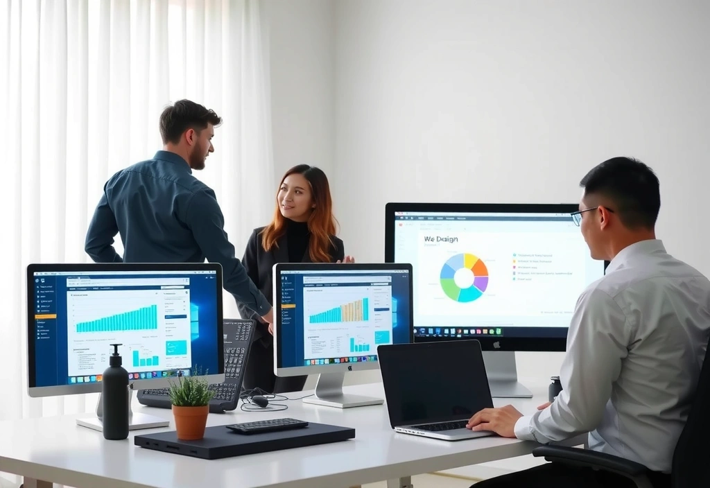 Professional web design workspace showing modern computer setup with website mockups and design elements